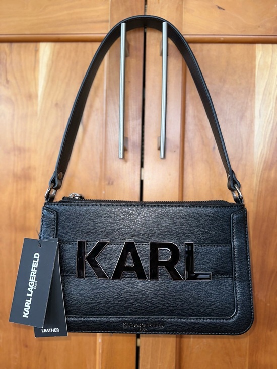 Karl Lagerfeld Handbags - ✨ Karl Lagerfeld Paris Logo Mini Shoulder Bag – NWT Black Leather Baguette